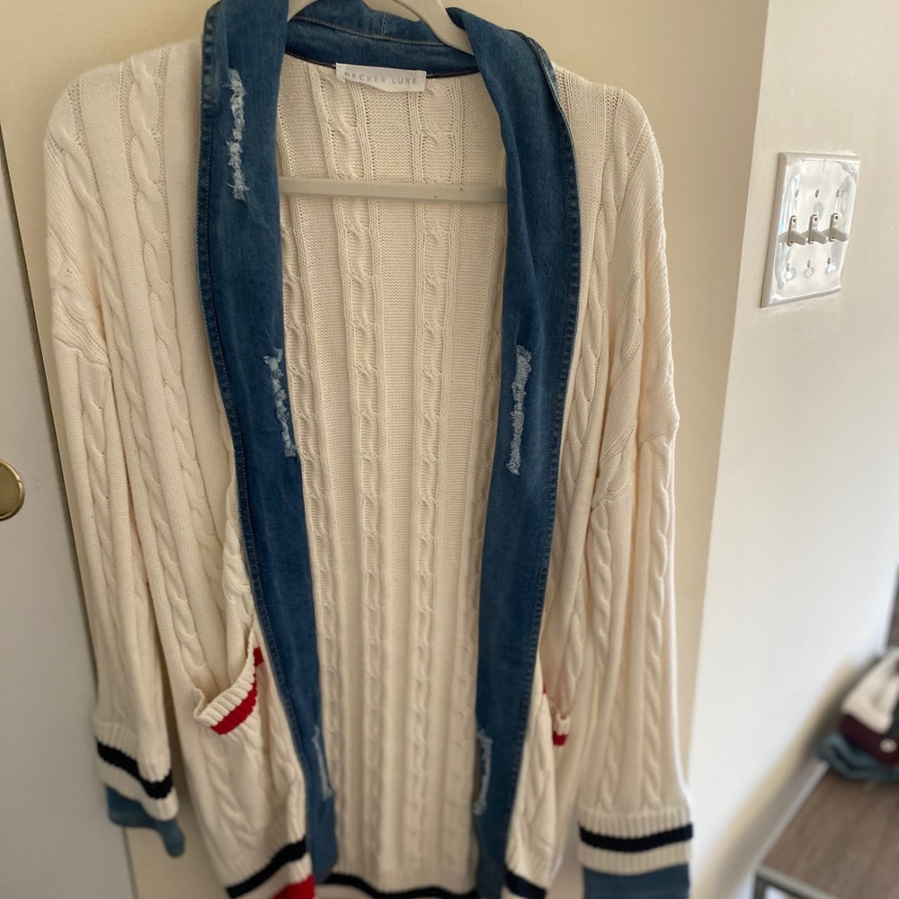 Cable Knit Cardigan with Denim accents